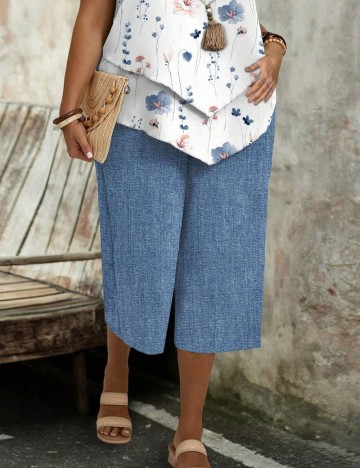 Pantaloni 3/4 Shein Curve+, albastru