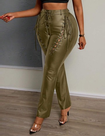 Pantaloni imitație din piele Shein Curve+, kaki