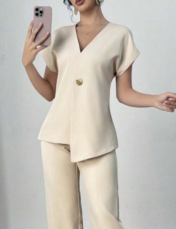 Cămașă cu m&acirc;necă scurtă Shein, bej