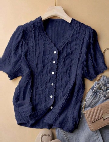 Cămașă cu m&acirc;necă scurtă Shein, albastru