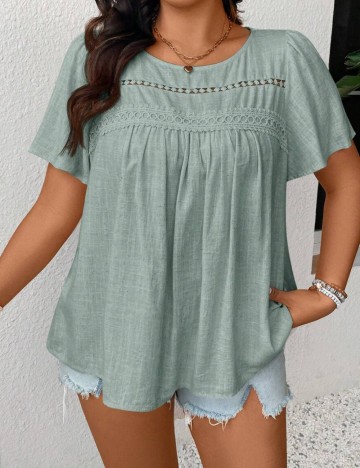 Cămașă cu m&acirc;necă scurtă Shein Curve+, verde