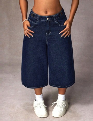 Pantaloni 3/4 Shein Curve+, albastru