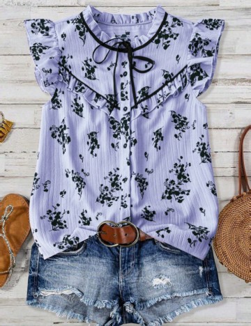 Cămașă cu m&acirc;necă scurtă Shein Curve+, albastru