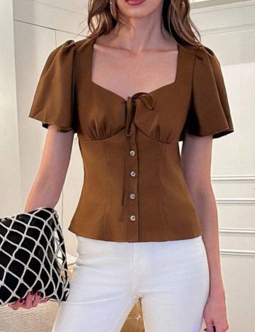Cămașă cu m&acirc;necă scurtă Shein, maro