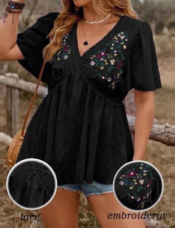 Cămașă cu m&acirc;necă scurtă Shein Curve+, negru