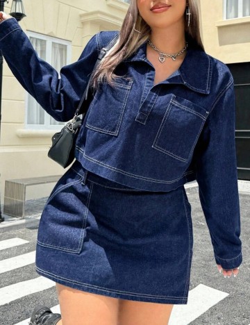 Cămașă de blugi Shein Curve+, albastru