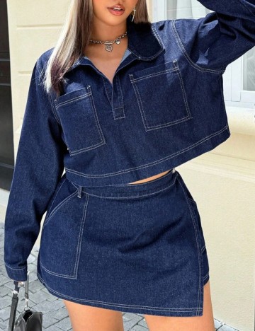 Cămașă de blugi Shein Curve+, albastru