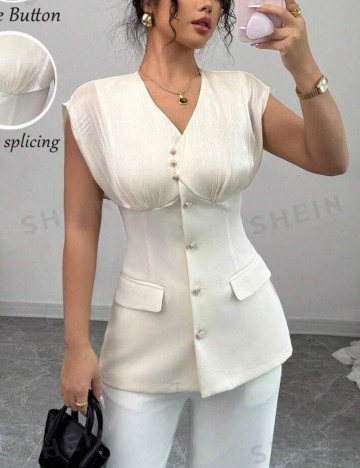 Cămașă cu m&acirc;necă scurtă Shein, crem